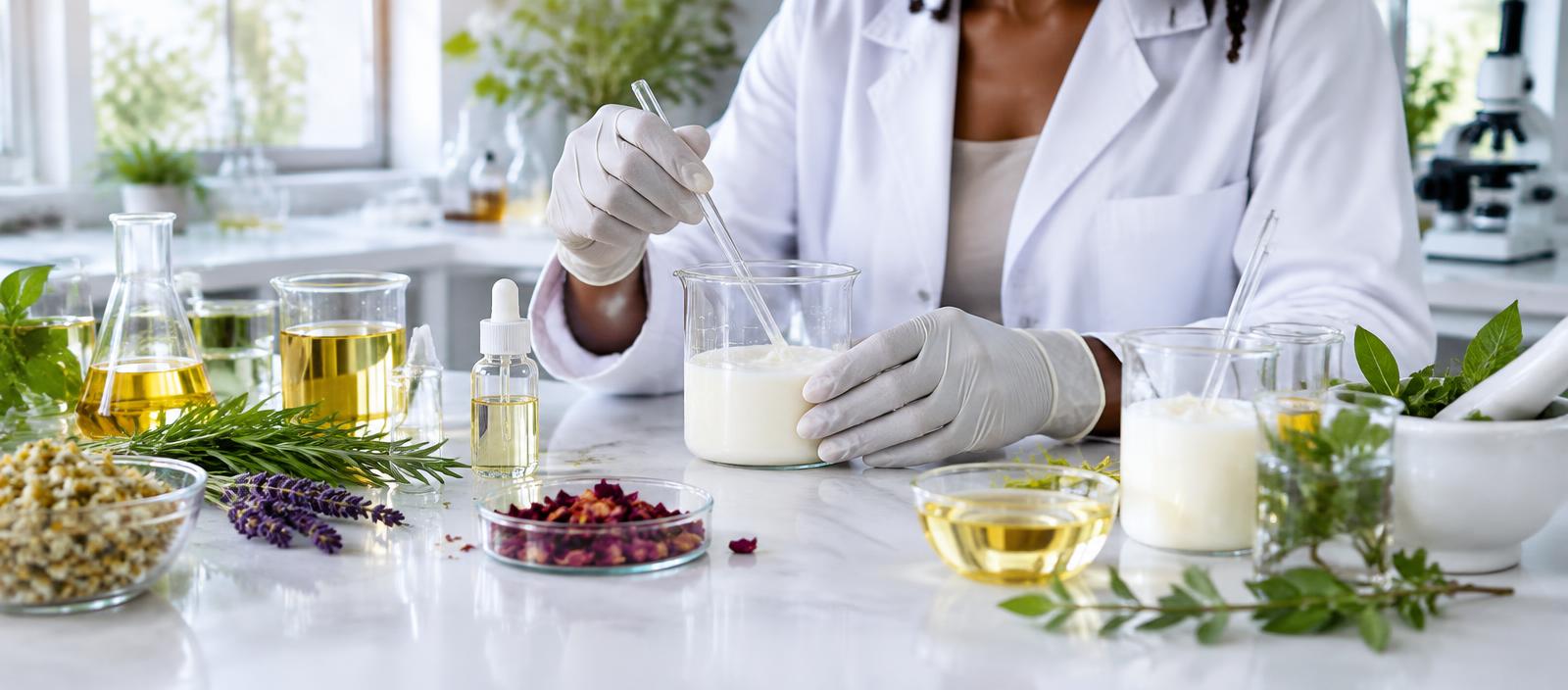 Natural ingredients being blended in a cosmetics lab